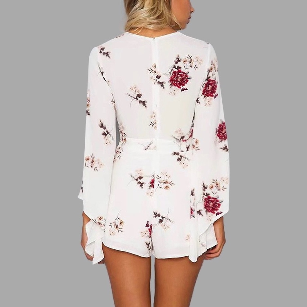 Bell Sleeve Rose Floral Deep V Romper - Picture 7 of 7